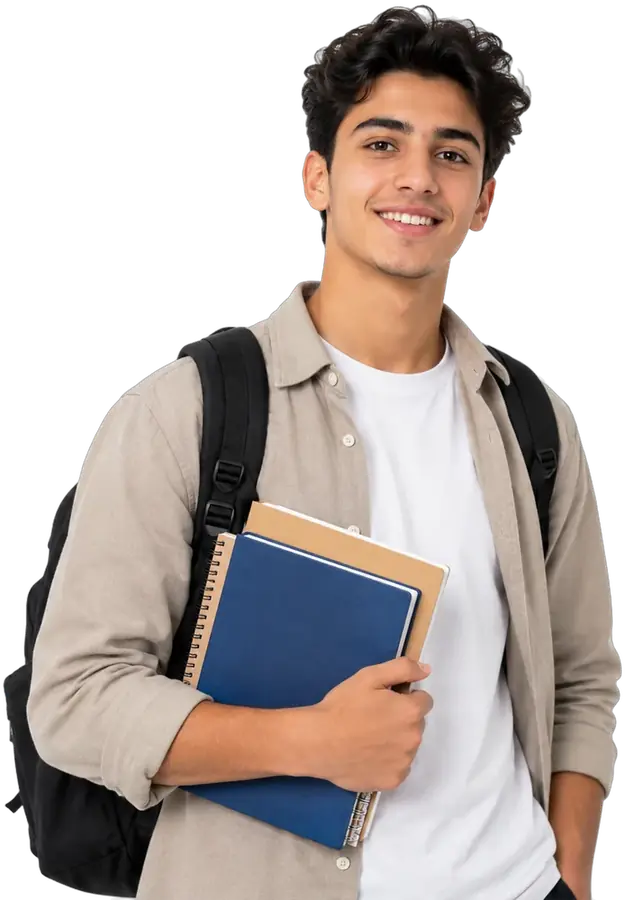Étudiant souriant avec sac à dos et cahiers – First Class Academy