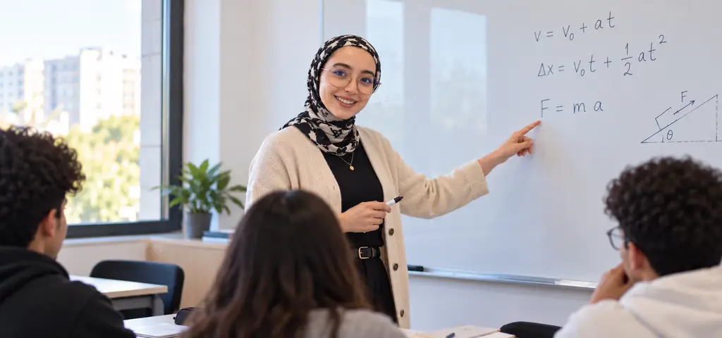 Professeure de physique au tableau à First Class Academy
